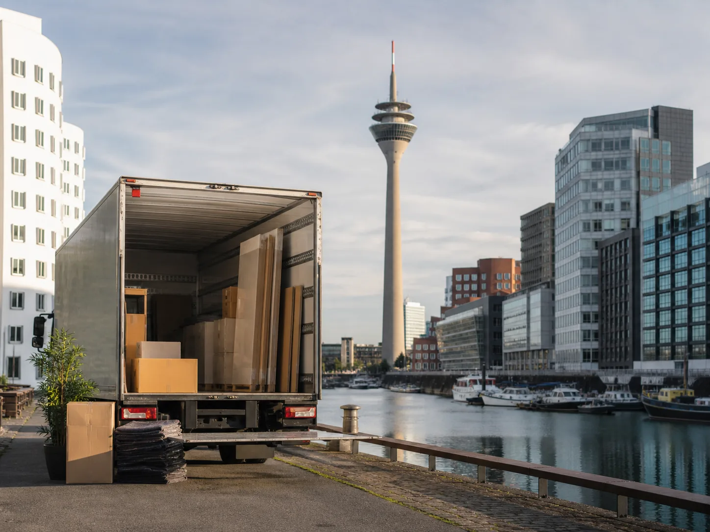 Umzugsfahrzeug im Düsseldorfer MedienHafen mit Rheinturm