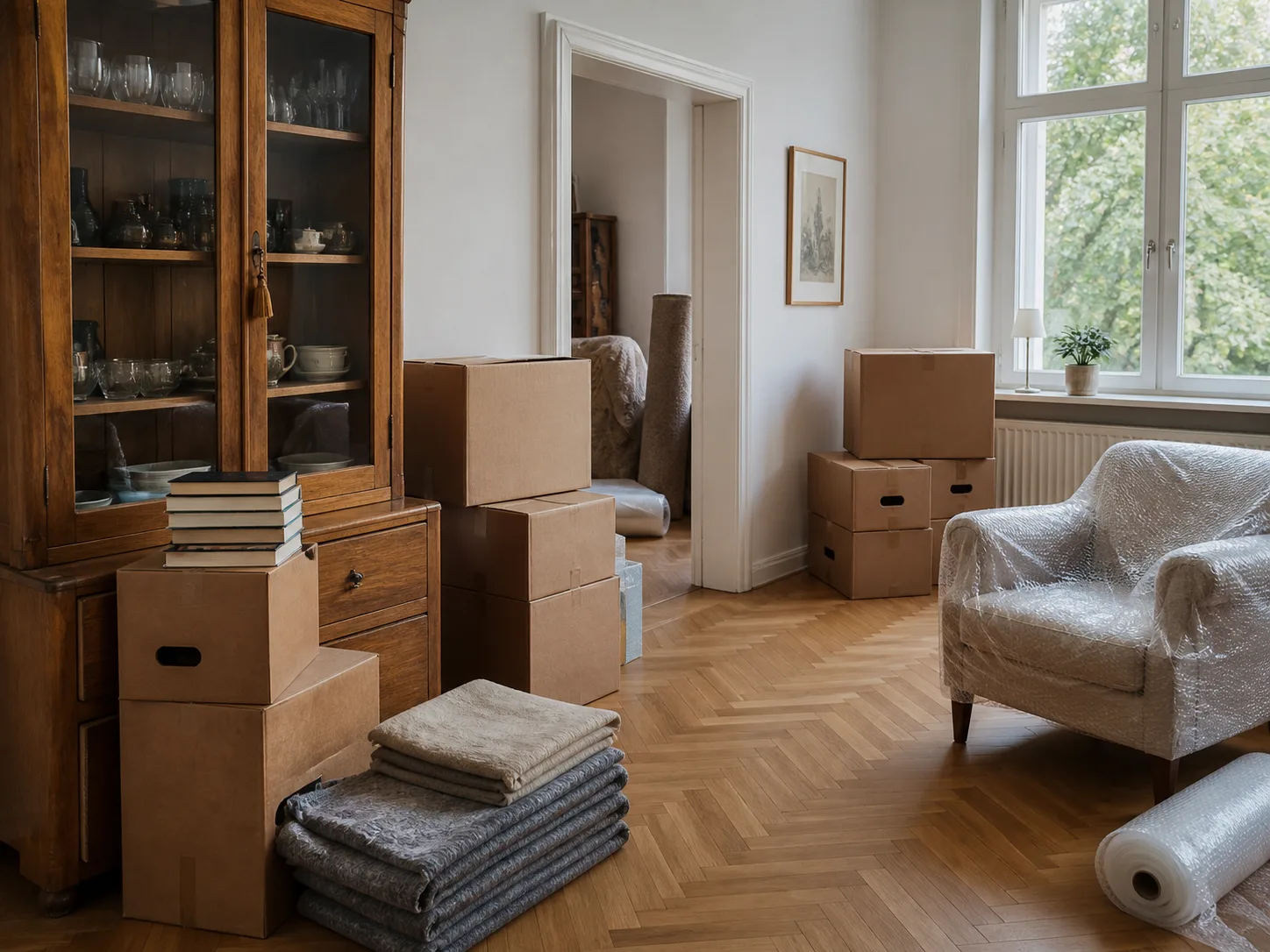 Ruhig vorbereitete Wohnung mit Umzugskartons